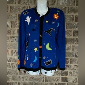 Jack B. Quick Embroidered Halloween Cardigan Sweater Vintage Blue Size Large